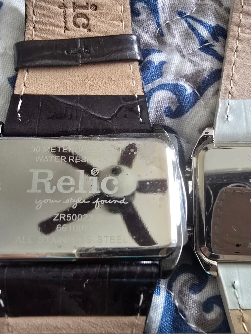 Relic Pair of Rectangle Leather Strap Watches - White + Black